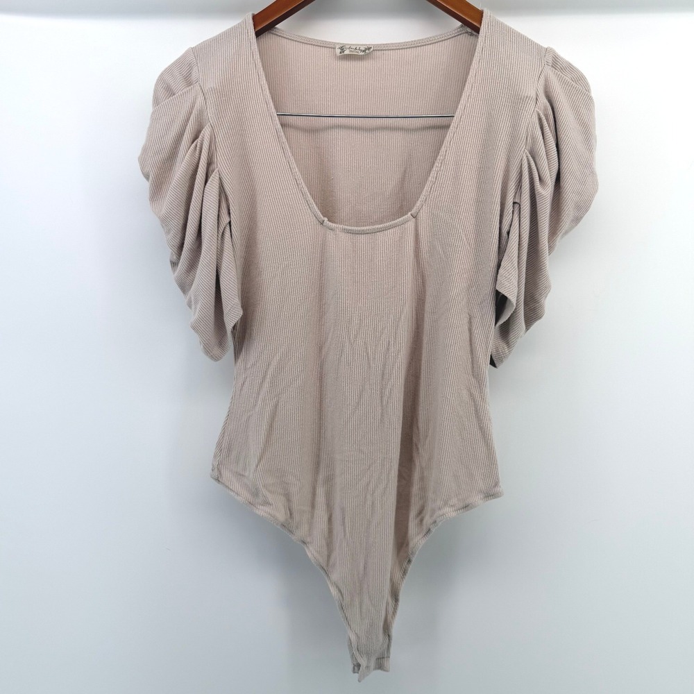 Intimately Free People So Fresh Puff Sleeve Bodysuit Beige Ribbed Knit Medium